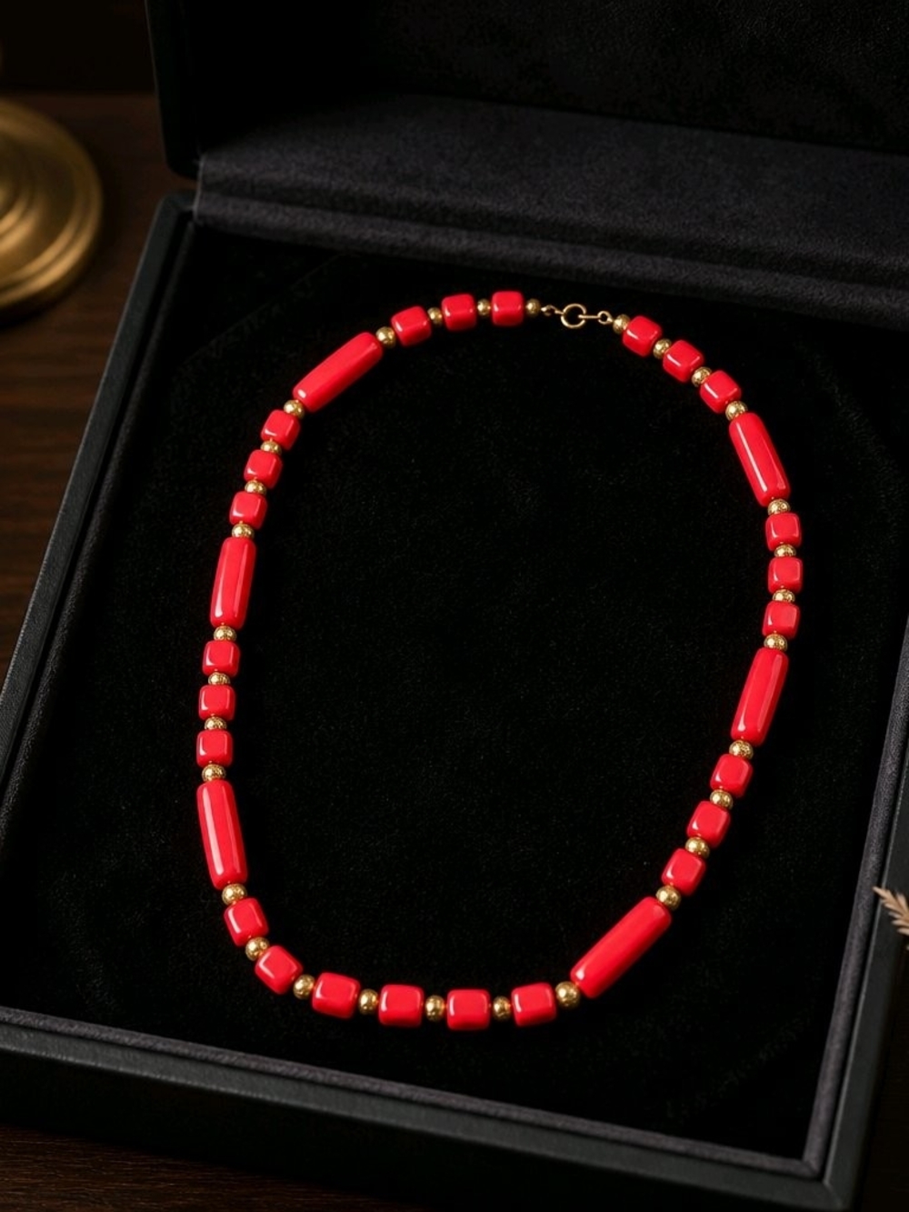 Red Beaded Necklace with Gold Accents - Women Jewelry